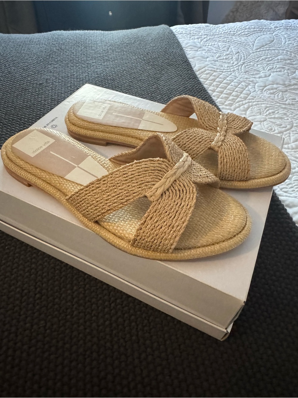 Dolce Vita Braided Raffia Slide Sandals in Natural Tan